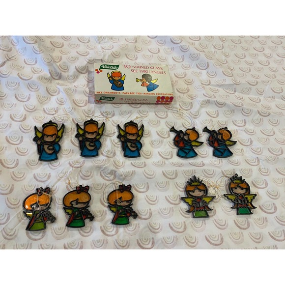 Vintage Christmas Tree Ornaments Plastic Stained Glass See Thru Angels Lot Of 10 - Picture 1 of 2